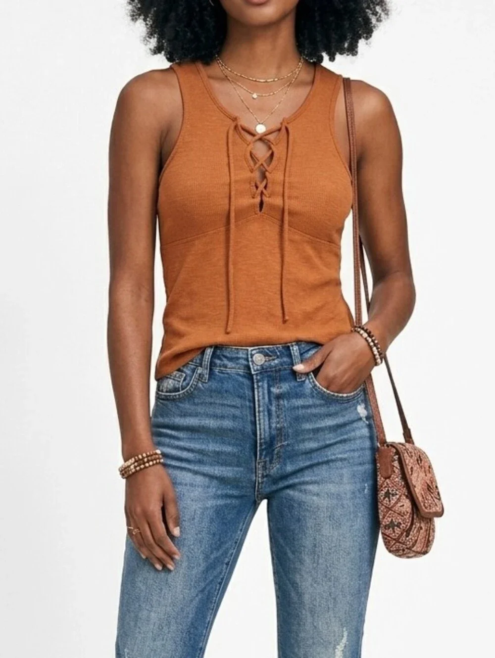 Free People Lace-Up Ribbed Tank Top - Rust Brown Sz M Babydoll Boho